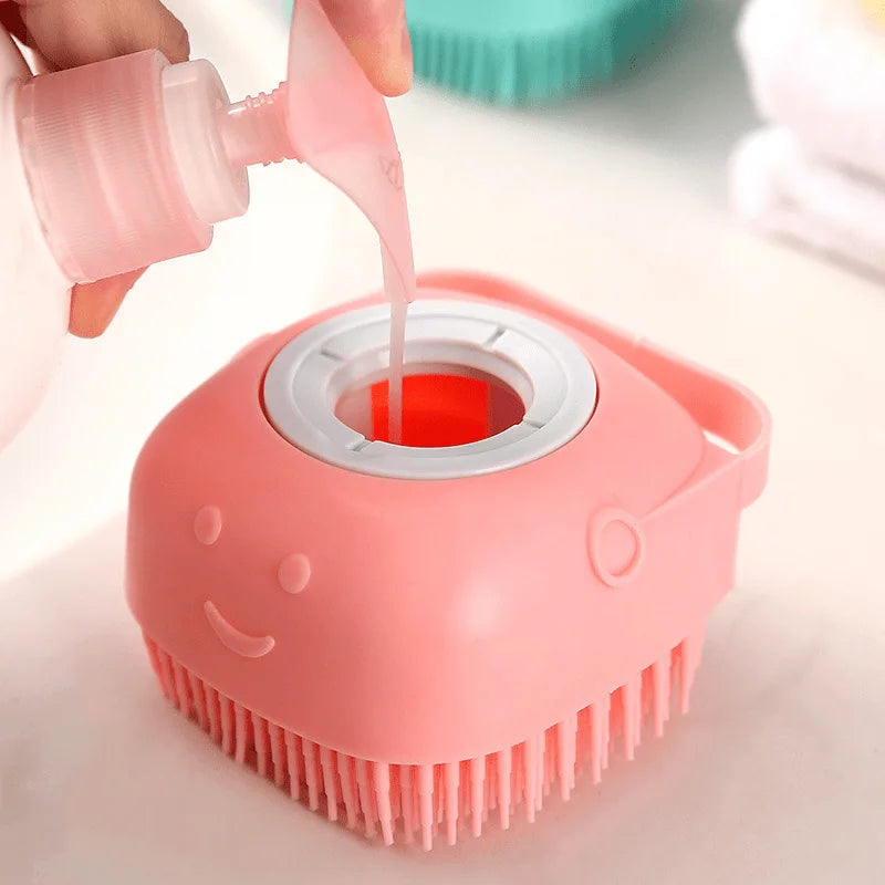 Pet Grooming Bath Massage Brush with Soap and Shampoo Dispenser, Soft Silicone Bristle for Long Short Haired Dogs Cats Shower