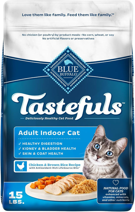 Tastefuls Natural Dry Food for Adult Indoor Cats, Chicken & Brown Rice Recipe, 15-Lb. Bag