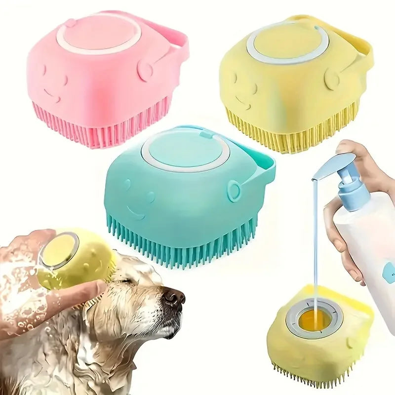 Pet Grooming Bath Massage Brush with Soap and Shampoo Dispenser, Soft Silicone Bristle for Long Short Haired Dogs Cats Shower