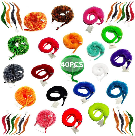 40Pcs Fuzzy Worm Toys, Magic Fuzzy Worms on String Bulk Trick Toy Carnival Kid Party Favors for Kid Cat (20 Colors)
